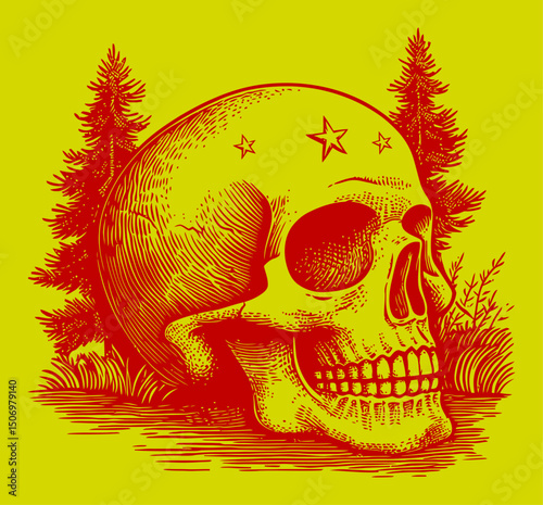 Detailed Engraving of Skull Surrounded by Trees and Stars Design