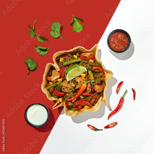 Fajitas in tortilla bowl with beef, cheese, corn and lettuce and Salsa and Ranch sauces on colored background