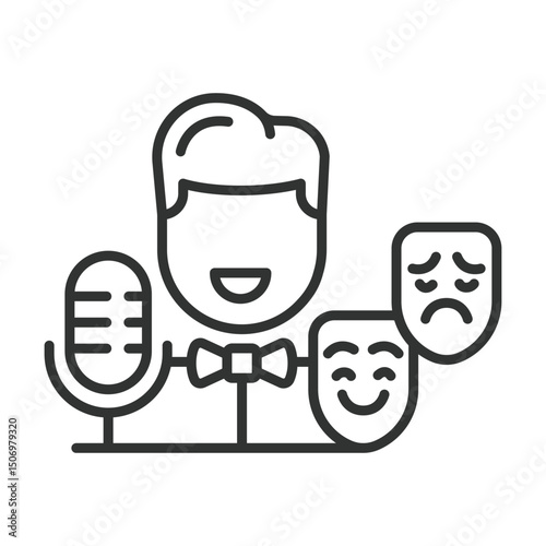 Voice artists, icon in line design. Voice artists, microphone, voice recording, vocal booth, dubbing, narration, voiceover on white background vector. Voice artists editable stroke icon