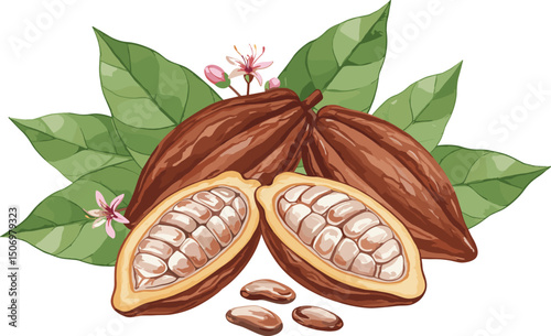 Cocoa beans brown, whole and half, green leaves and pink flowers around. Hand painted watercolor illustration suitable for food packaging design, chocolate branding, organic products