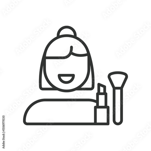 Makeup artist, icon in line design. Makeup artist, cosmetics, brush, foundation, lipstick, eyeshadow, contour on white background vector. For the theme: Makeup artist editable stroke icon