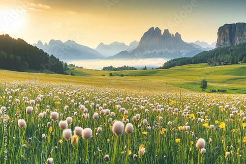 View of the Seiser Alm (Alpe di Siusi in Italian), one of the biggest alpine meadows on the Dolomites, with the Sassolungo and Sassopiatto peaks on the background.