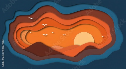 Layered sunset landscape with birds flying