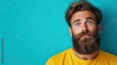 A thoughtful man with a full beard gazes upwards, set against a vibrant blue wall, portraying introspection and a modern sense of style with a hint of personality and depth.