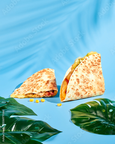 Two halves of quesadilla with chicken, cheese, vegetables, herbs on a colored background