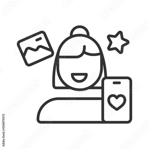 Influencer, icon in line design. Influencer, social media, content creator, online presence, follower, brand, vlog on white background vector. Influencer, editable stroke icon