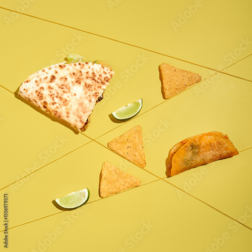 Half of quesadilla, taco, nachos corn chips and lime wedges on yellow background