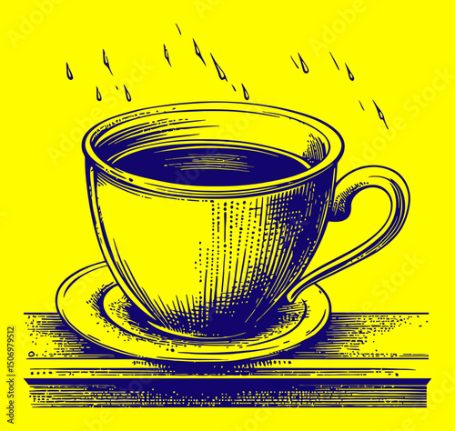 Detailed Vintage Engraving of Coffee Cup with Droplets Overhead