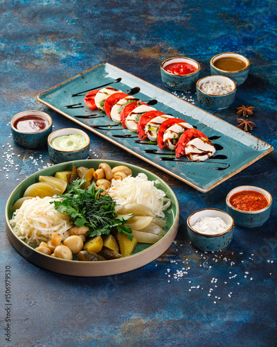 Plate with fermented vegetables - tomatoes, mushrooms and sauerkraut, plate with Caprese salad, and set of different sauces on blue background
