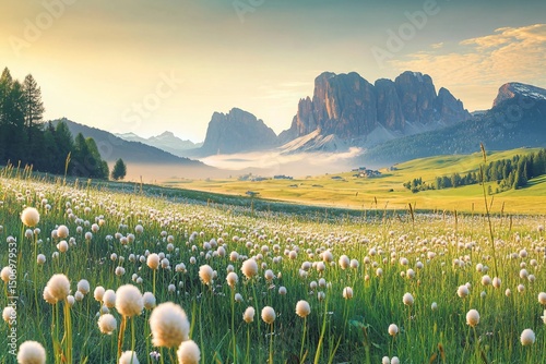 View of the Seiser Alm (Alpe di Siusi in Italian), one of the biggest alpine meadows on the Dolomites, with the Sassolungo and Sassopiatto peaks on the background.