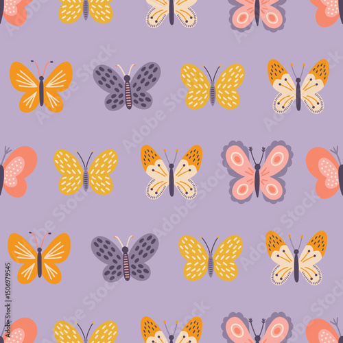 Floral seamless pattern with colorful butterflies on lilac background. Perfect for wallpaper, gift paper, spring and summer greeting cards. Vector hand drawn illustration