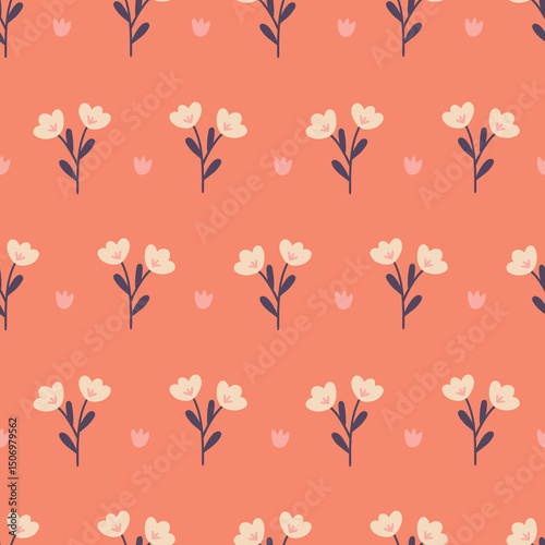 Floral seamless pattern with retro flowers on pink background. Perfect for wallpaper, gift paper, spring and summer greeting cards. Vector hand drawn illustration