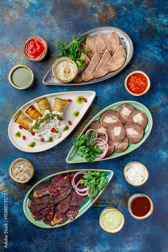 The bowls are filled with different kinds of food, including various meat appetizers, vegetable appetizers, and sauces. A table with many bowls of food on it.