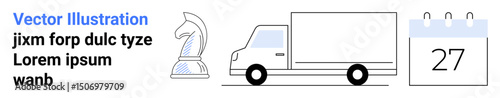 Chess knight, delivery truck, and calendar showing 27 emphasize strategy, transportation, planning. Ideal for logistics, strategic thinking, delivery services, scheduling management planning