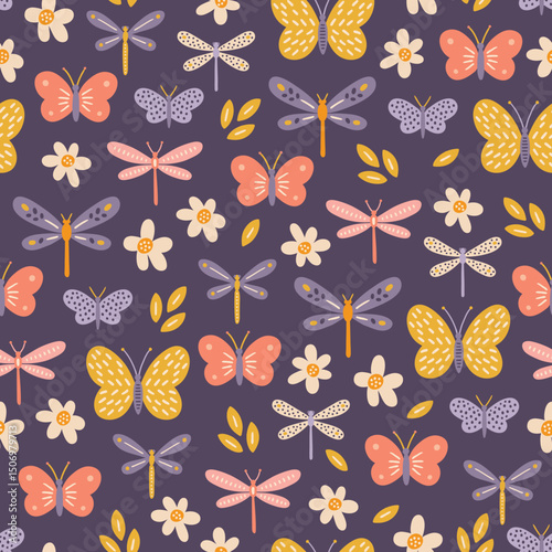 Floral seamless pattern with butterflies, dragonflies, flowers on violet background. Perfect for wallpaper, gift paper, spring and summer greeting cards. Vector hand drawn illustration