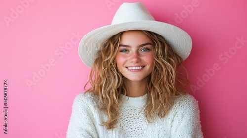 A young woman with a radiant smile poses playfully against a bright pink background, showcasing joy and a stylish aura that captivates and uplifts anyone who sees her.
