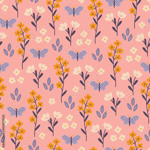 Floral seamless pattern with butterflies, leaves and flowers on pink background. Perfect for wallpaper, gift paper, spring and summer greeting cards. Vector hand drawn illustration