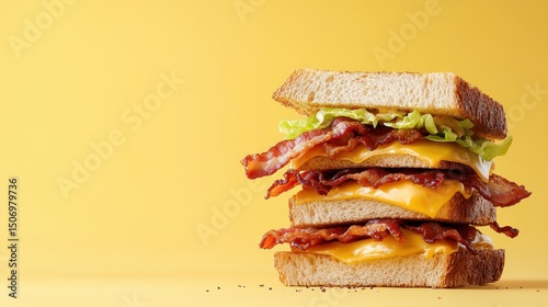 An appetizing triple-decker bacon sandwich stacked high with cheese and lettuce, spotlighting its savory layers against a vibrant yellow background.