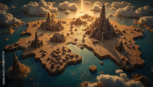 Aerial View of a Fantasy Island at Sunset