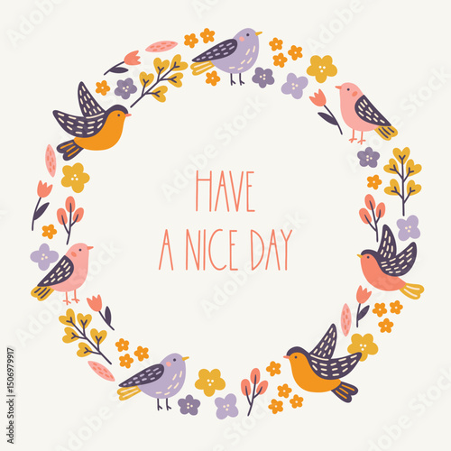 Floral greeting card with birds, flowers, tulips and leaves on white background. Perfect for spring and summer holidays and decorations. Hand drawn frame, wreath
