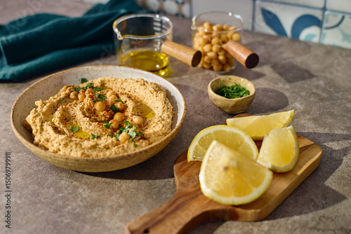 Delicious hummus with olive oil, chickpeas and parsley