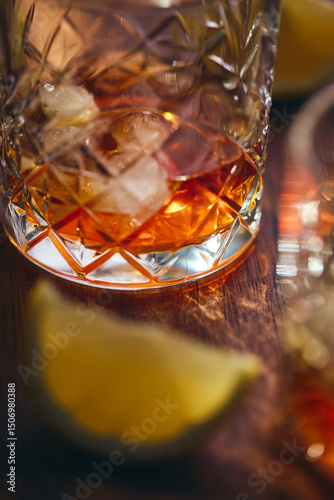 Glasses of whiskey with ice and lemon slices on a wooden table in the rays of light. Shallow depth of field, close up.