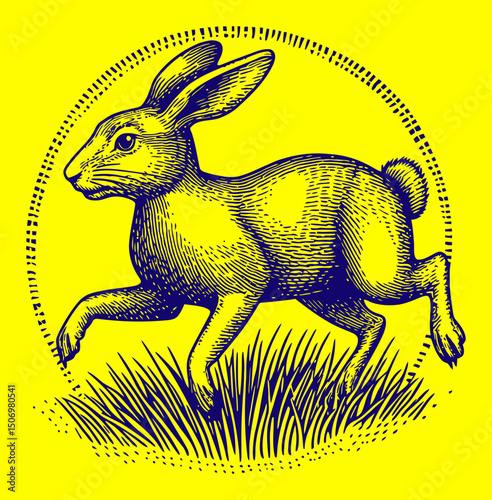 Detailed Engraving of a Rabbit in Motion Surrounded by Grass