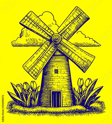 Detailed Vintage Engraving of a Mill with Tulips and Clouds