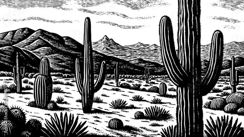 Desert landscape with cacti and mountains black and white isolated hand drawn sketch
