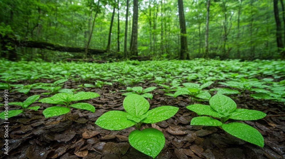 Fototapeta premium Lush forest floor, young plants sprouting, rain, background trees, nature photography