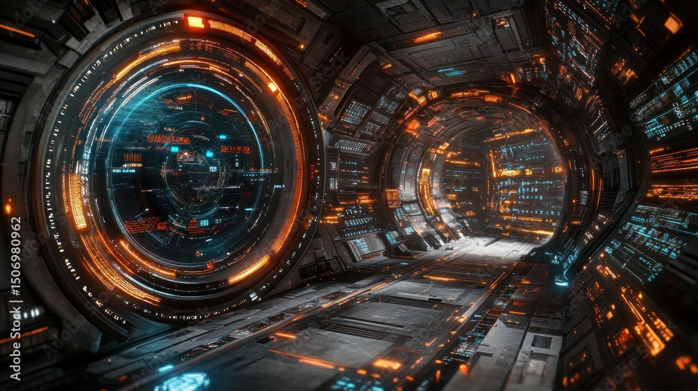 Obraz premium Spaceship corridor, futuristic technology, orange lights, travel, sci-fi background, for game design