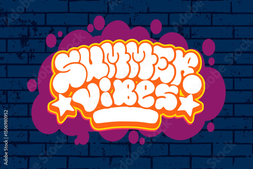 Colorful graffiti throw-up “Summer Vibes” on brick wall background. Bold street art with vibrant colors, perfect for hip hop designs, summer projects, and edgy urban-style creative visuals.