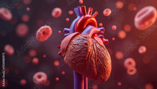 Detailed 3D Render of a Human Heart with Blood Cells