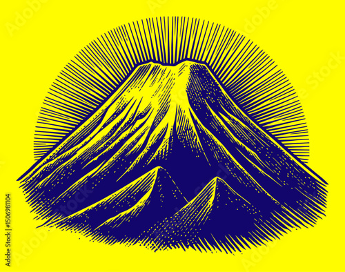 Vintage Engraving of Mountain with Sunburst Rays in Black and White