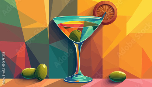 Lowpoly Martini Cocktail with Olives on Colorful Background