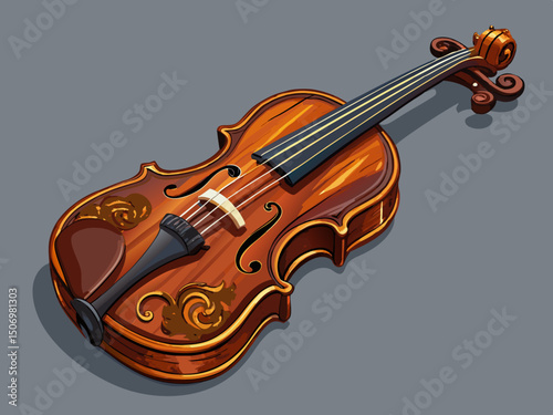 vector of Ornate dark wood violin, studio instrument, delicate strings, transparent cut on silver background