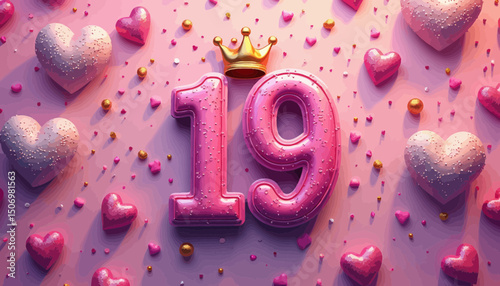 Pink Number Nineteen Birthday Balloons with Gold Crown
