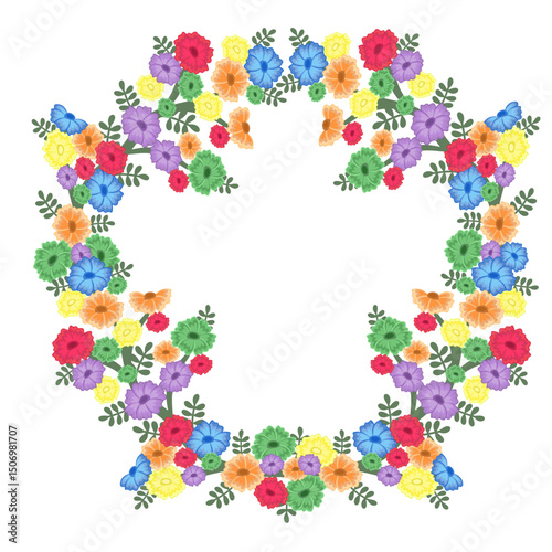 Colorful floral wreath, white isolate background