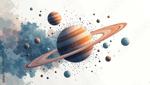 Pixel Art Depiction of a Planetary System with Rings