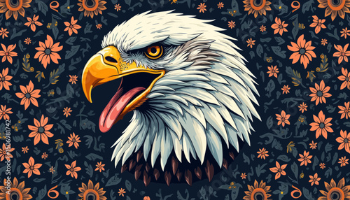 Pixel Art Eagle Portrait with Floral Background