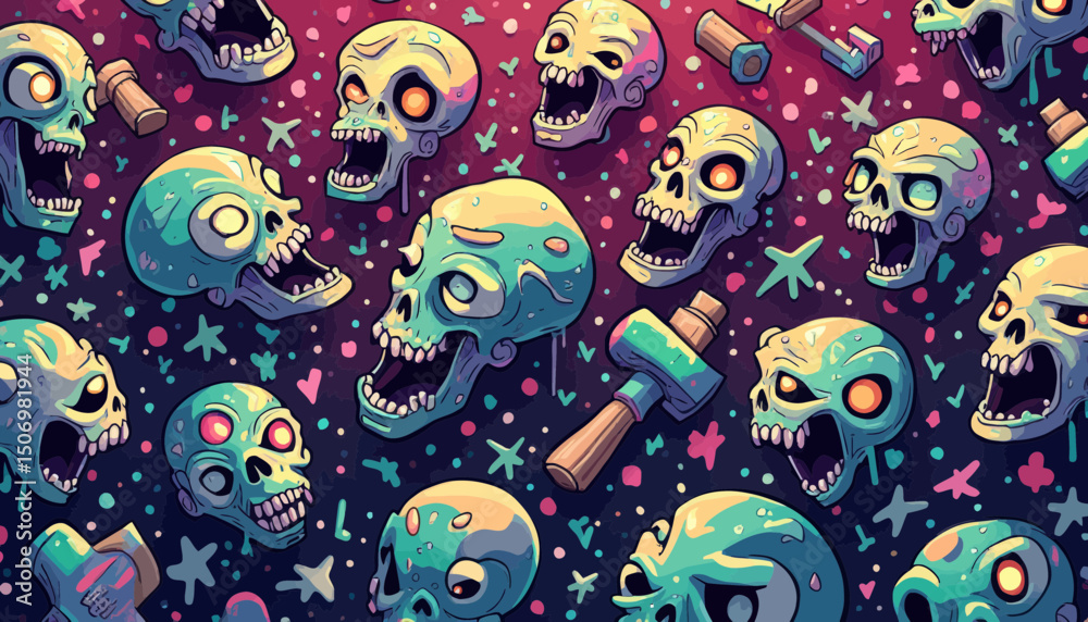Naklejka premium Pixel Art Skulls Colorful Pattern Background