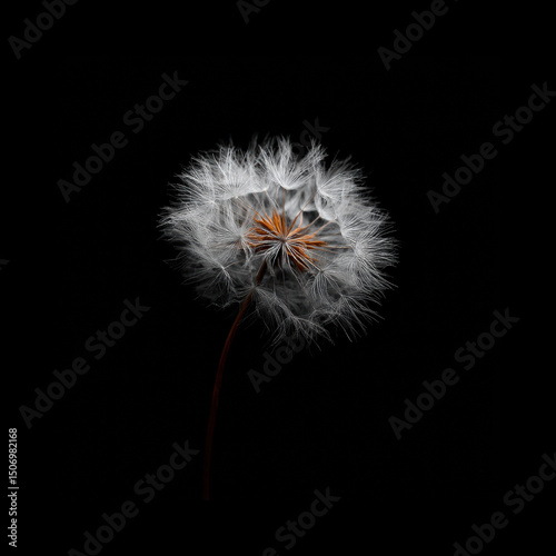 Dandelion fluff glows on dark background