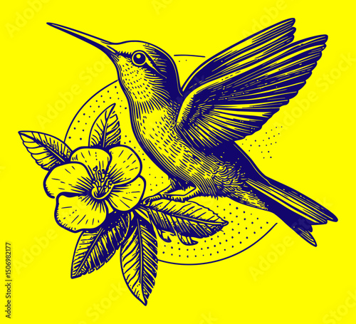 Detailed Engraving of Hummingbird and Flower in Black and White Style