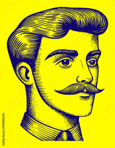 Vintage Engraved Style Portrait of a Man with Mustache and Hair Style