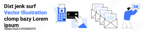 Payment terminal, card transaction, multiple envelopes for mailing, person presenting content on screen. Ideal for finance, technology, communication, email marketing, sharing content online