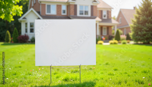 Blank sign on a lawn in front of a suburban house in summer  
