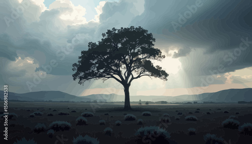 Silhouette of a Lone Tree in a Vast Field at Sunset