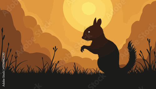 Silhouette of a Squirrel at Sunset in Pixel Art Style
