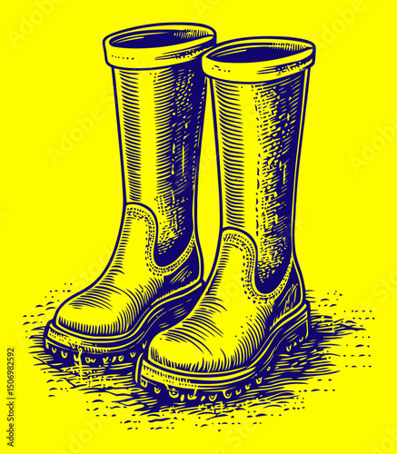 Detailed Engraving of Classic Rubber Boots with Textured Design Elements