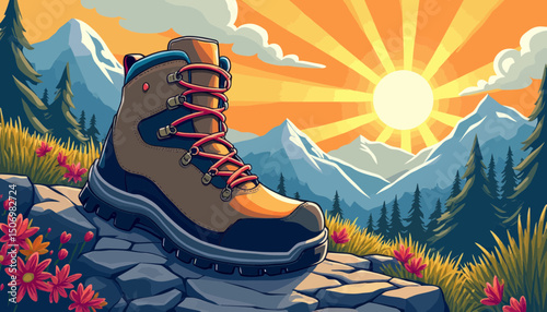 Tan Hiking Boots on Mountaintop at Sunset
